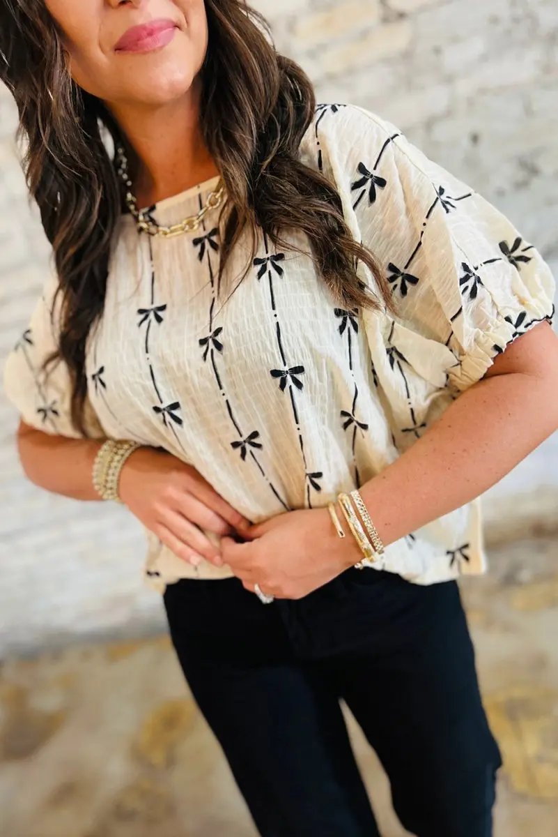 Accessories Love Salve  Beige Bow Print Puff Short Sleeve Top for Women