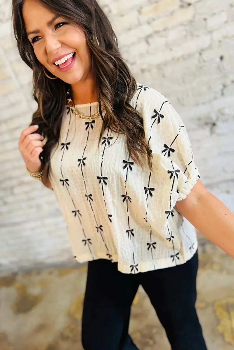 Accessories Love Salve  Beige Bow Print Puff Short Sleeve Top for Women