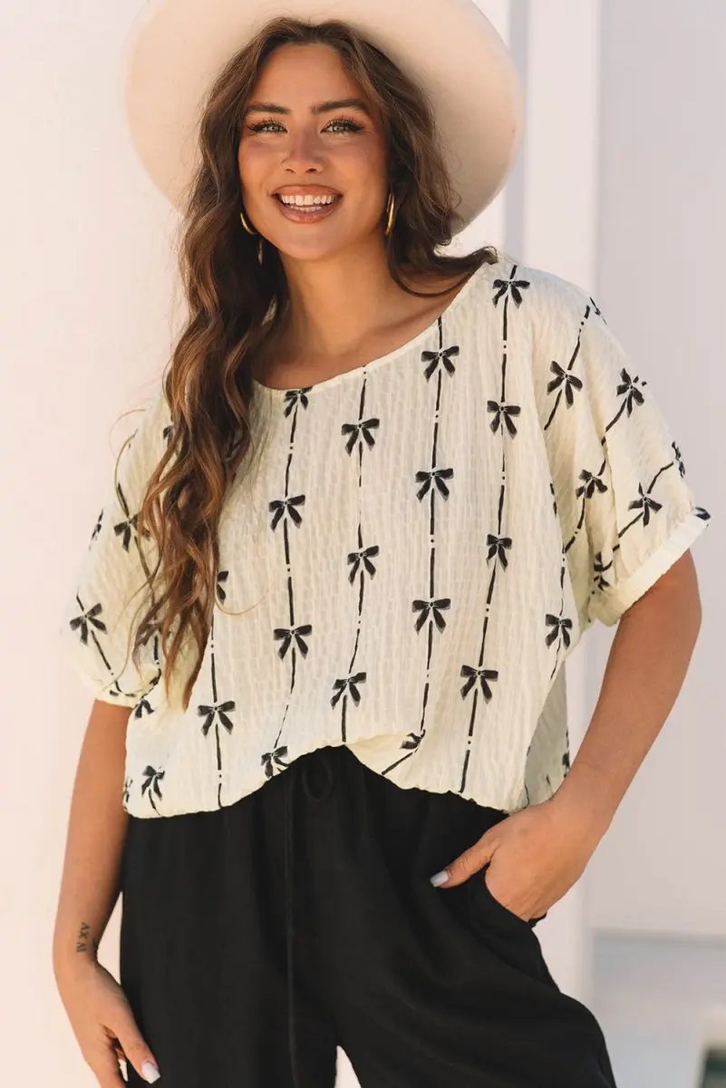 Accessories Love Salve  Beige Bow Print Puff Short Sleeve Top for Women