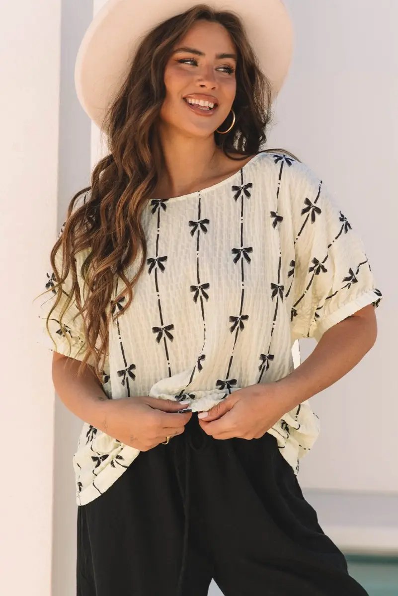Accessories Love Salve  Beige Bow Print Puff Short Sleeve Top for Women