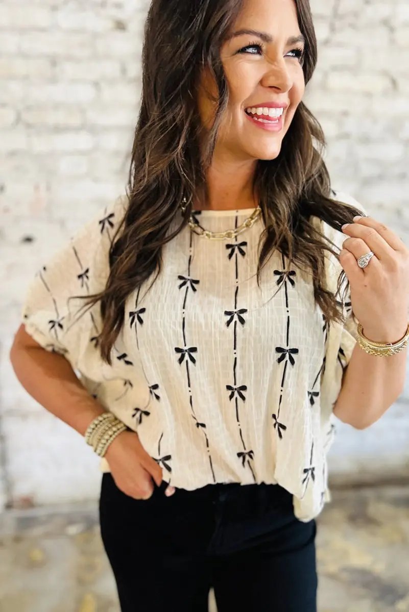 Accessories Love Salve  Beige Bow Print Puff Short Sleeve Top for Women