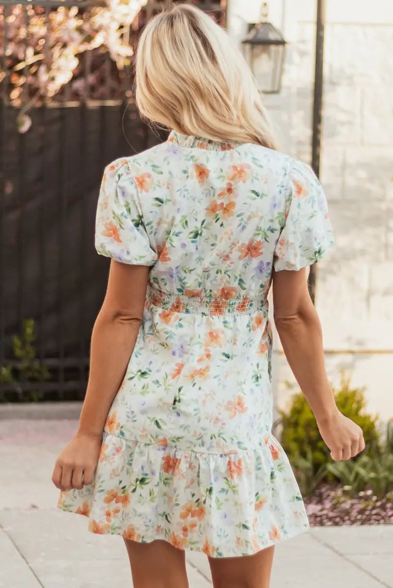 Dresses Love Salve  Beige Floral Print Shirred High Waist Puff