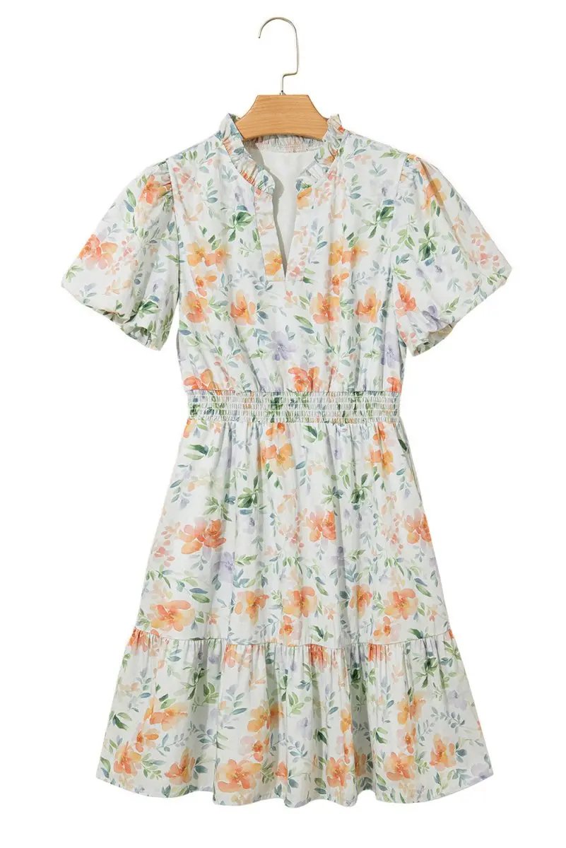Dresses Love Salve  Beige Floral Print Shirred High Waist Puff