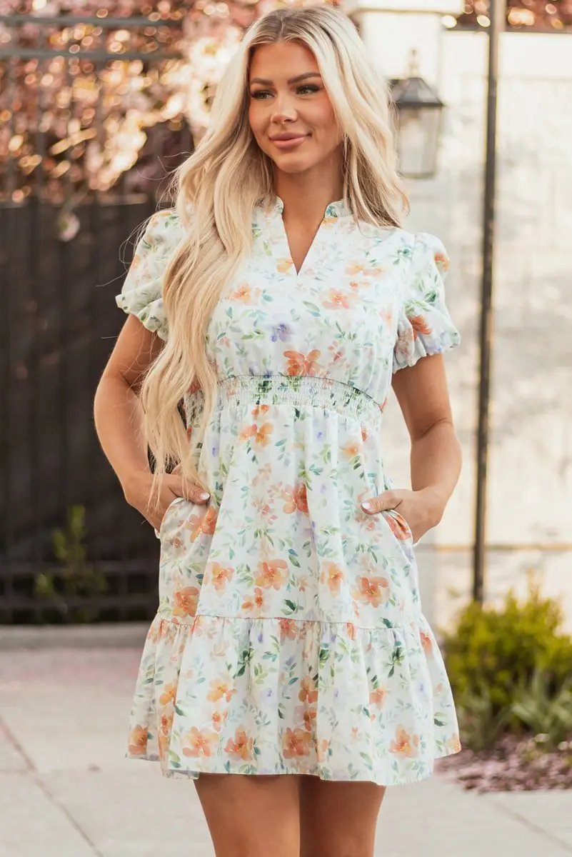 Dresses Love Salve  Beige Floral Print Shirred High Waist Puff