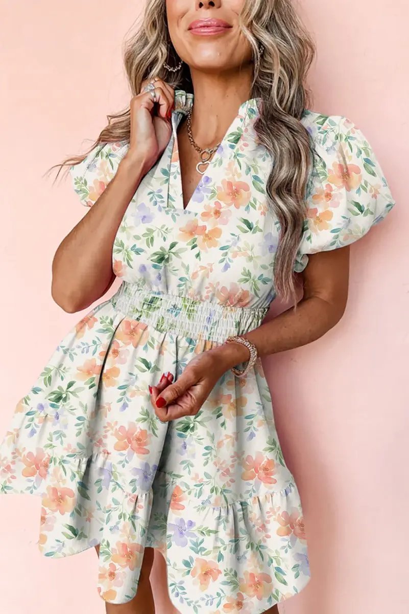 Dresses Love Salve  Beige Floral Print Shirred High Waist Puff