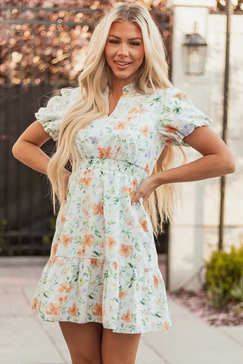 Dresses Love Salve  Beige Floral Print Shirred High Waist Puff