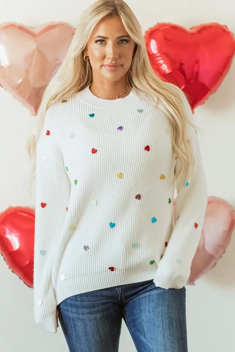 Sweaters Love Salve  Beige Heart Sequin Waffle Knit Sweater with