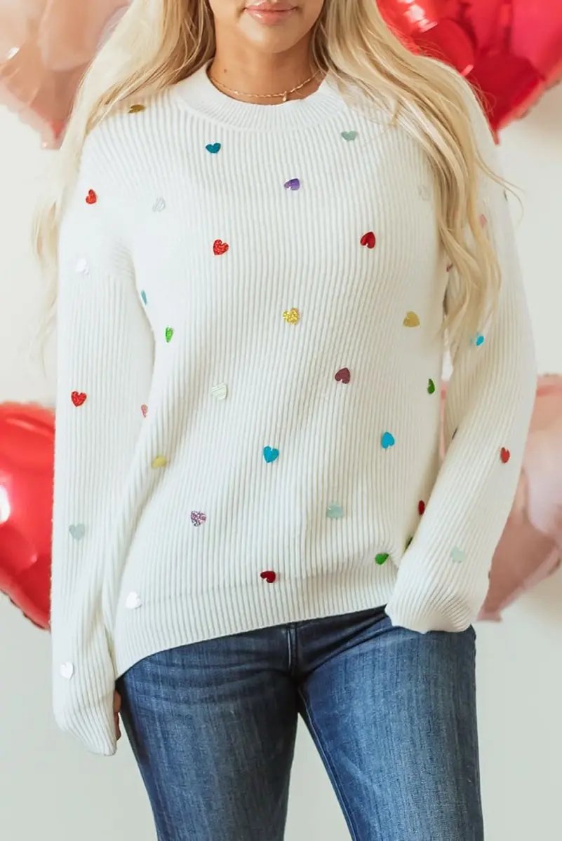 Sweaters Love Salve  Beige Heart Sequin Waffle Knit Sweater with