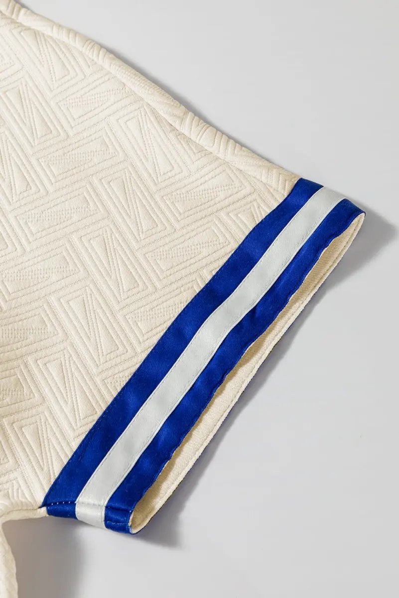 Accessories Love Salve Beige Striped Trim Top Women's Preppy Quarter Zip Short Sleeve - Summer Style