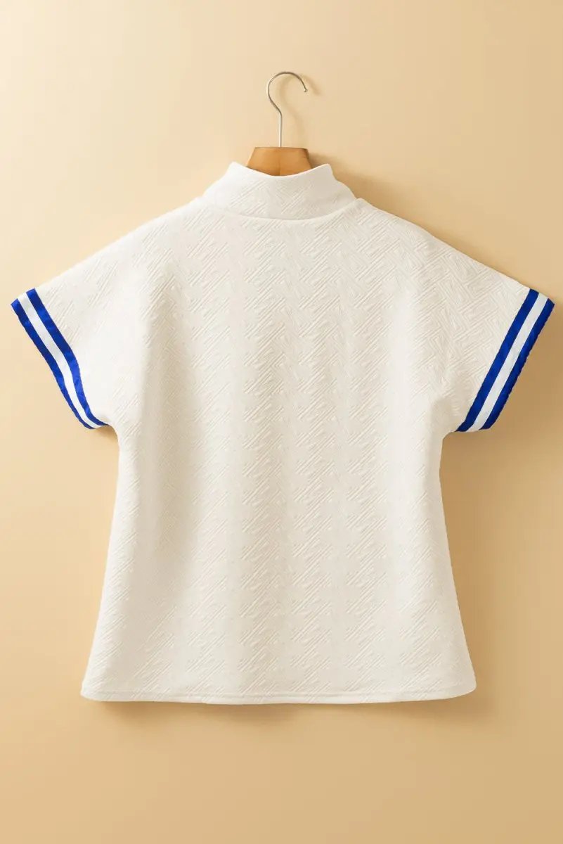 Accessories Love Salve Beige Striped Trim Top Women's Preppy Quarter Zip Short Sleeve - Summer Style
