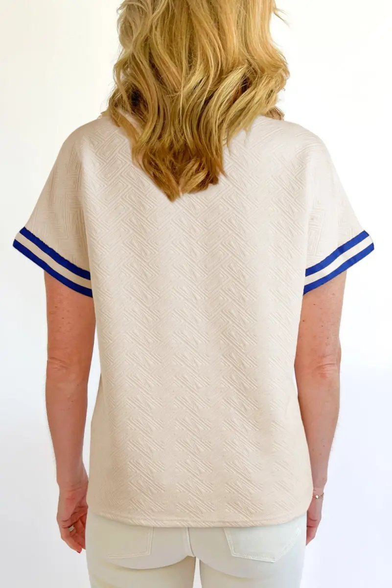 Accessories Love Salve Beige Striped Trim Top Women's Preppy Quarter Zip Short Sleeve - Summer Style
