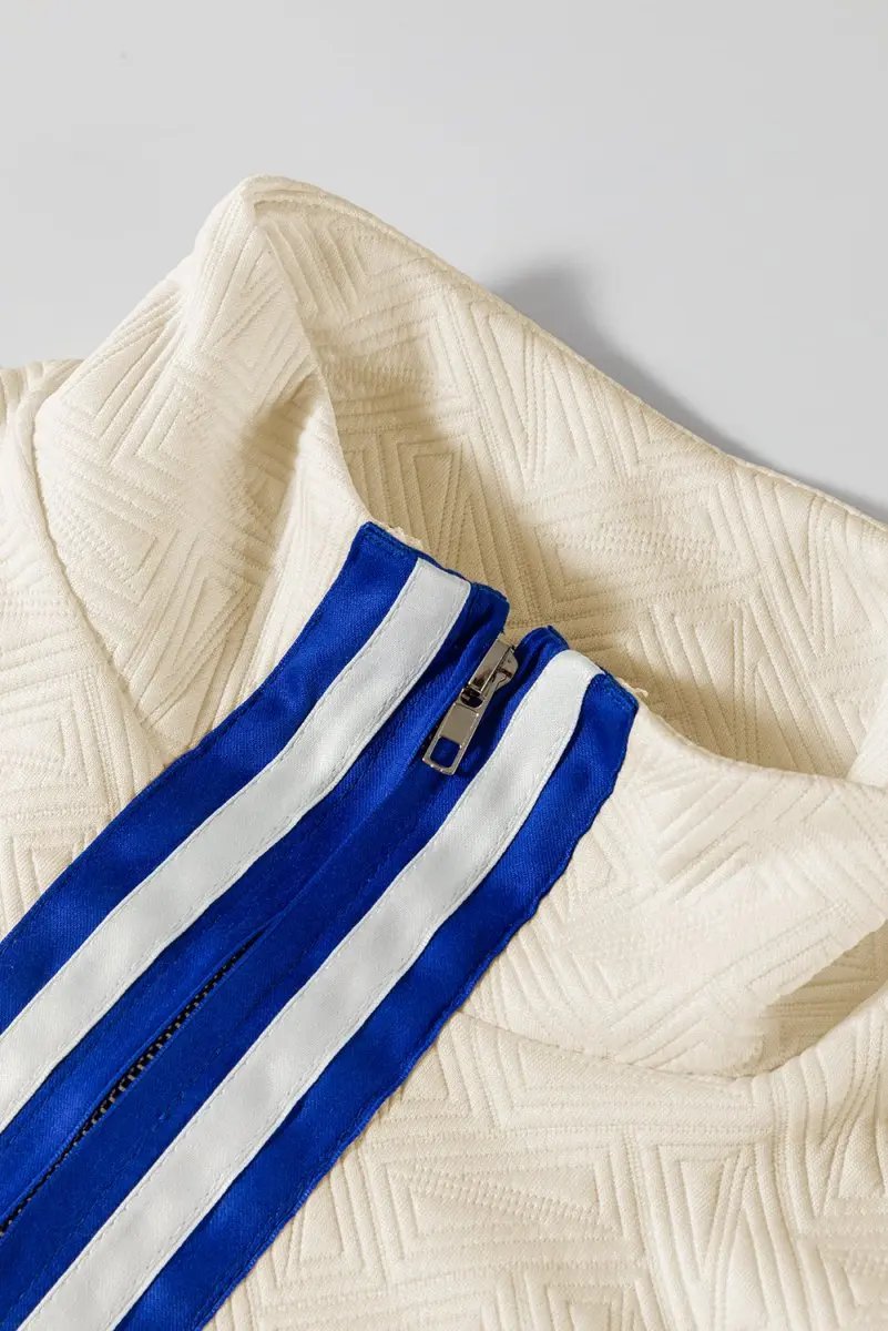 Accessories Love Salve Beige Striped Trim Top Women's Preppy Quarter Zip Short Sleeve - Summer Style
