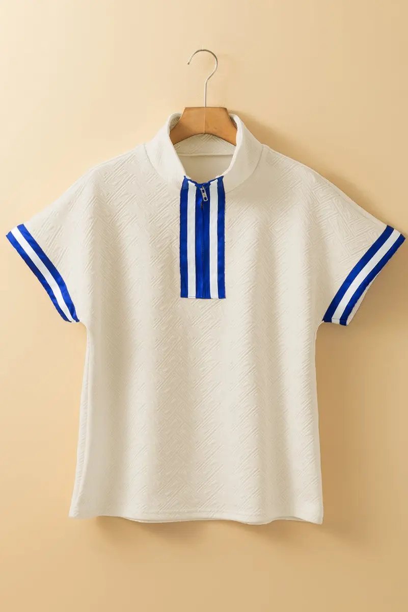 Accessories Love Salve Beige Striped Trim Top Women's Preppy Quarter Zip Short Sleeve - Summer Style