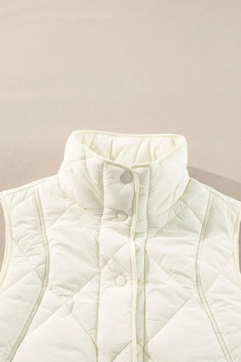 Shirts Love Salve Beige Quilted Vest Women's Daily Casual Coat: High Neck, Button Up