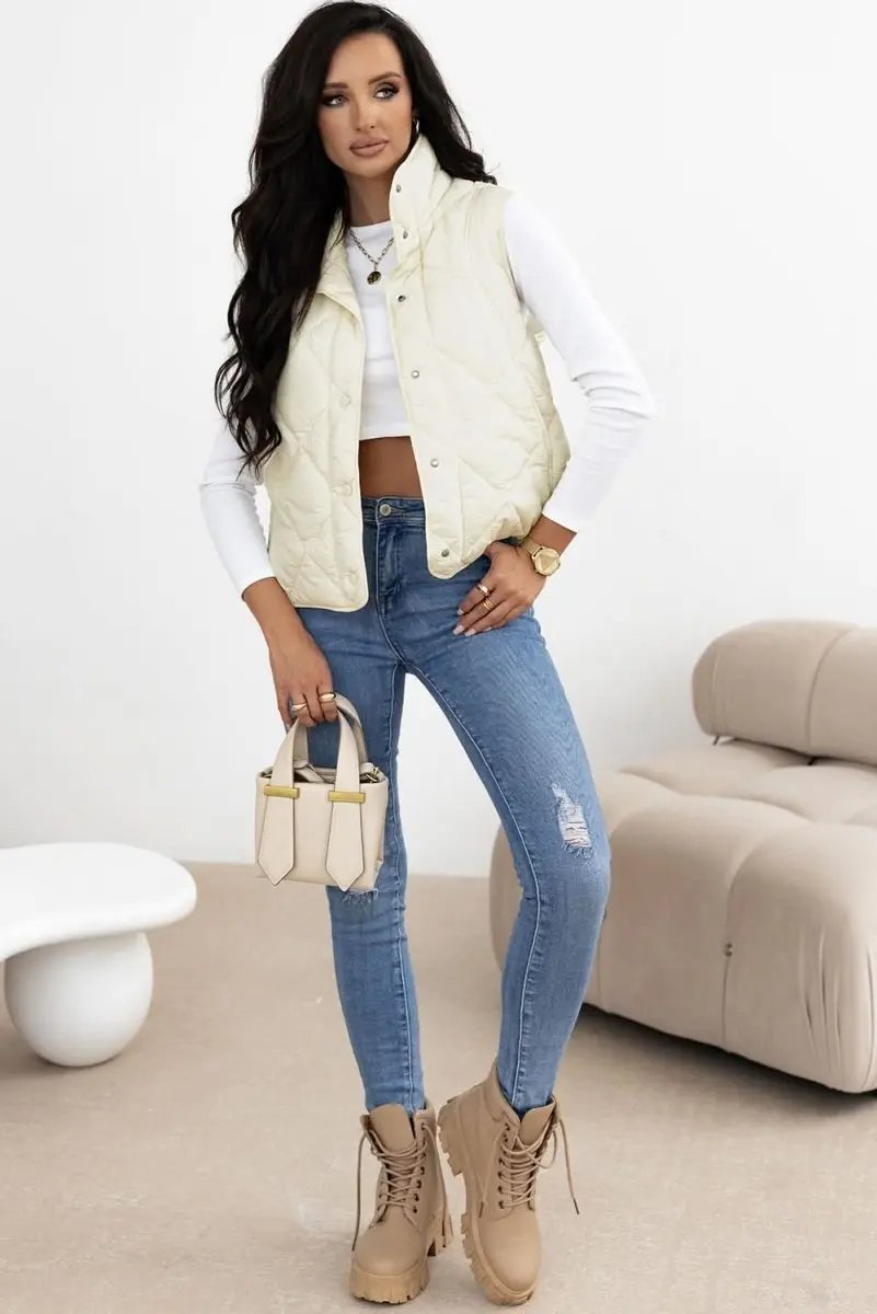 Shirts Love Salve Beige Quilted Vest Women's Daily Casual Coat: High Neck, Button Up