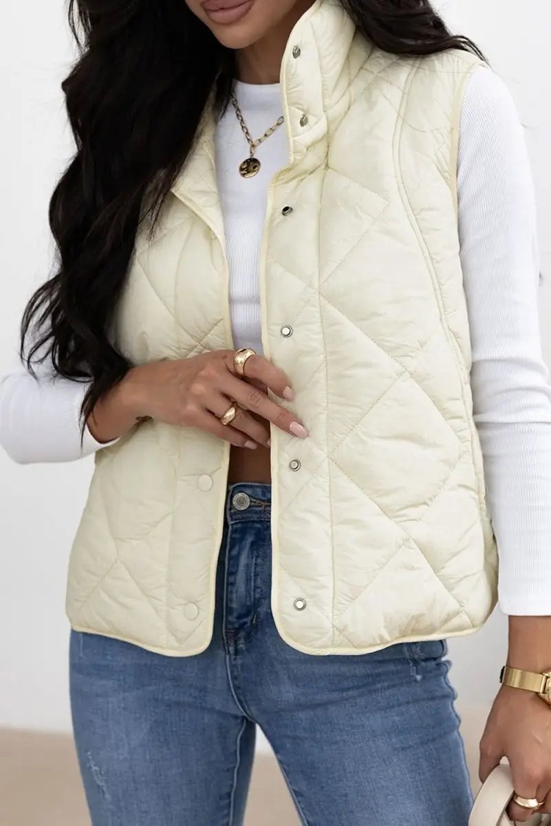 Shirts Love Salve Beige Quilted Vest Women's Daily Casual Coat: High Neck, Button Up