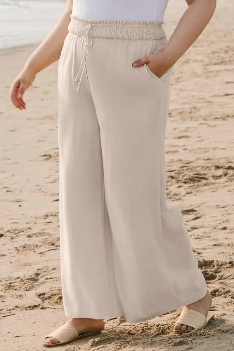 Love Salve Beige Wide Leg Pants | Viscose Linen Comfort