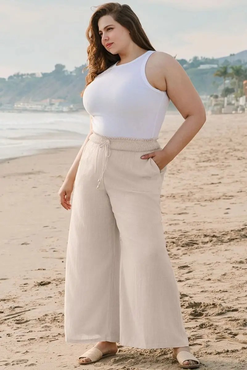 Love Salve Beige Wide Leg Pants | Viscose Linen Comfort