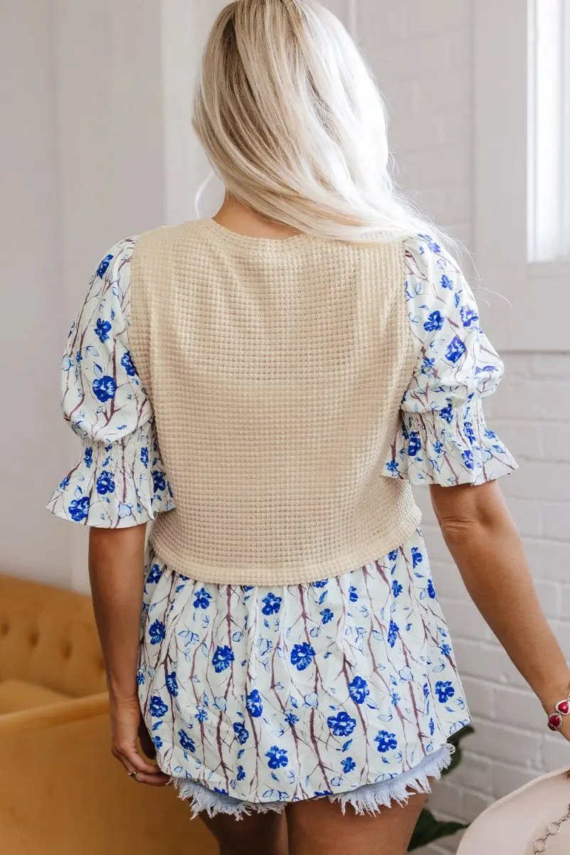 Sweaters Love Salve Beige Floral Blouse Women's Daily Wear Peplum Top: Waffle Knit, Southern Belle