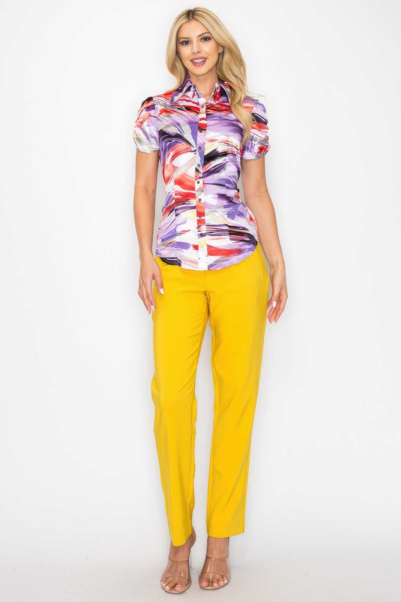 Belted Short Sleeve Snap Button Watercolor Blouse