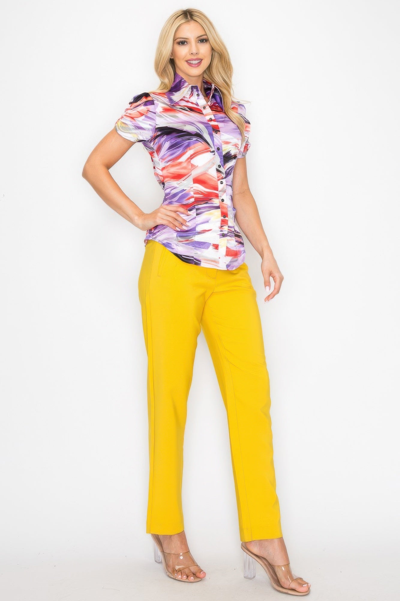 Belted Short Sleeve Snap Button Watercolor Blouse