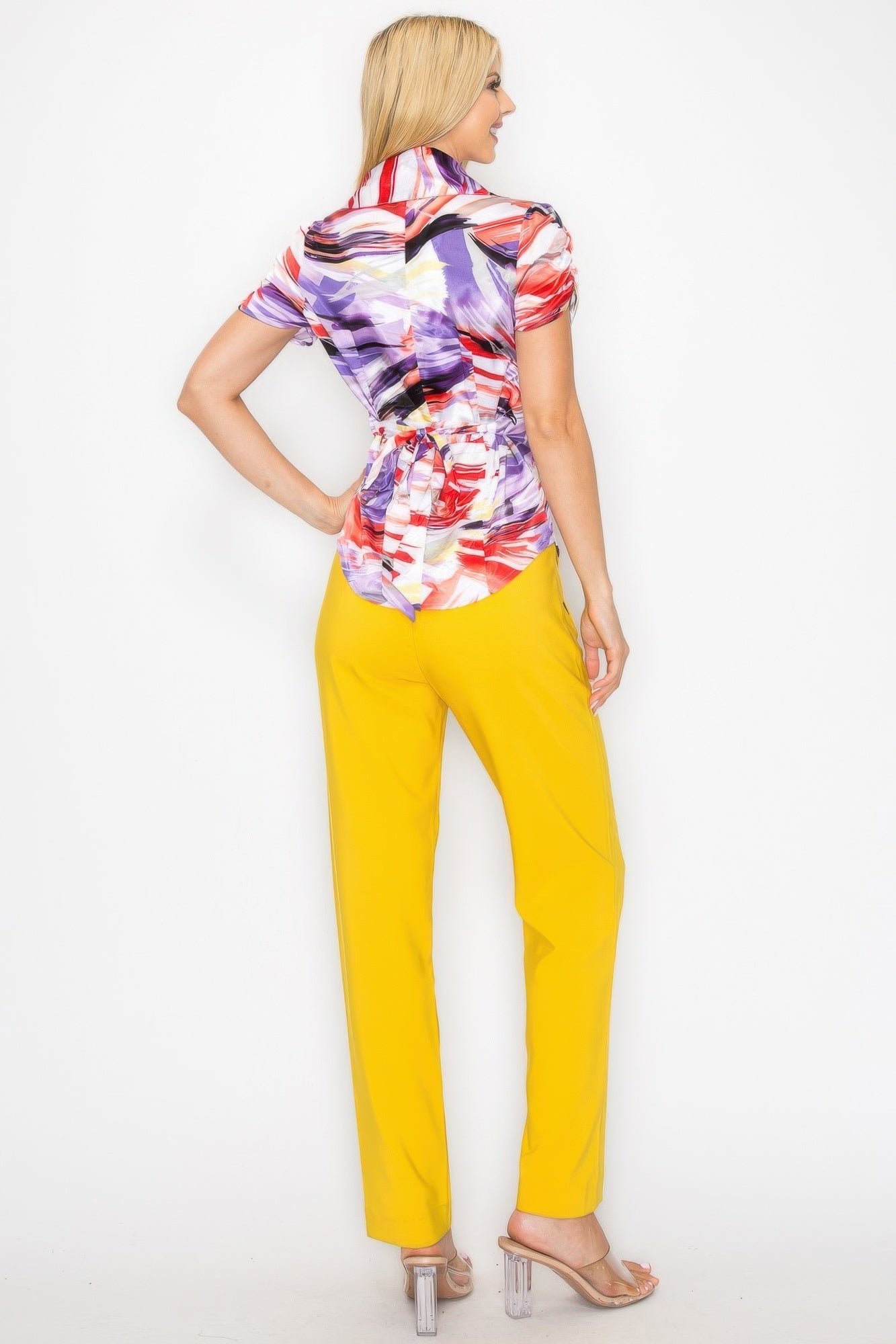 Belted Short Sleeve Snap Button Watercolor Blouse