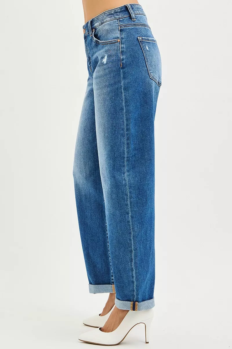 RISEN Jeans - Full Size Mid Rise Barrel Double Roll Up Jeans