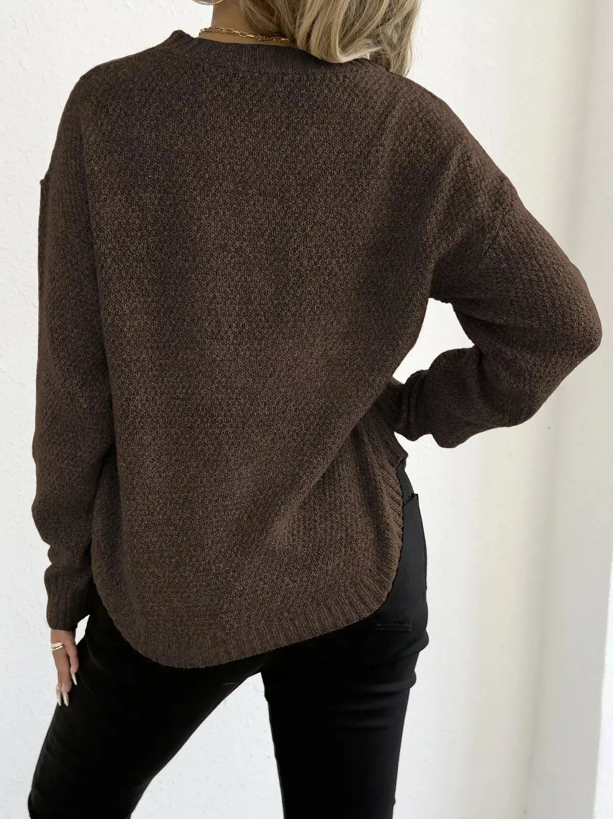 Round Neck Textured Knit Relaxed Fit Sweater