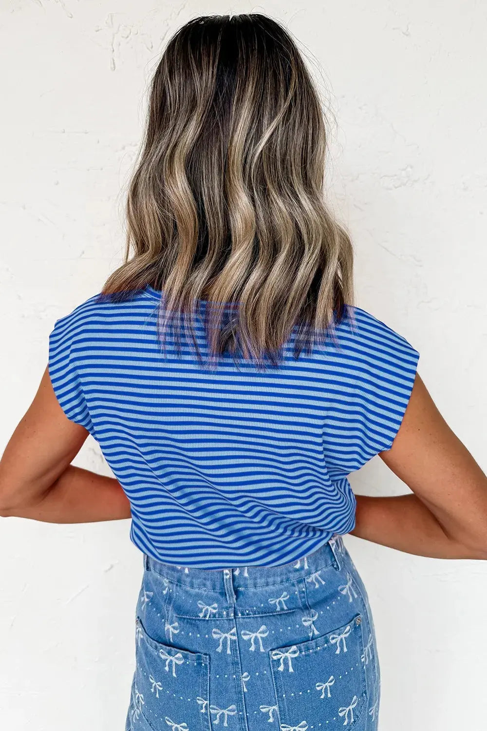 Striped Round Neck Cap Sleeve Slim Fit T Shirt
