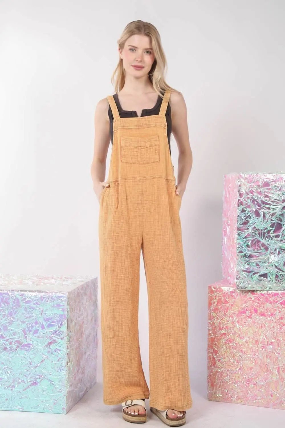 Wide Leg Denim Overalls by Trendsi - Texture Washed