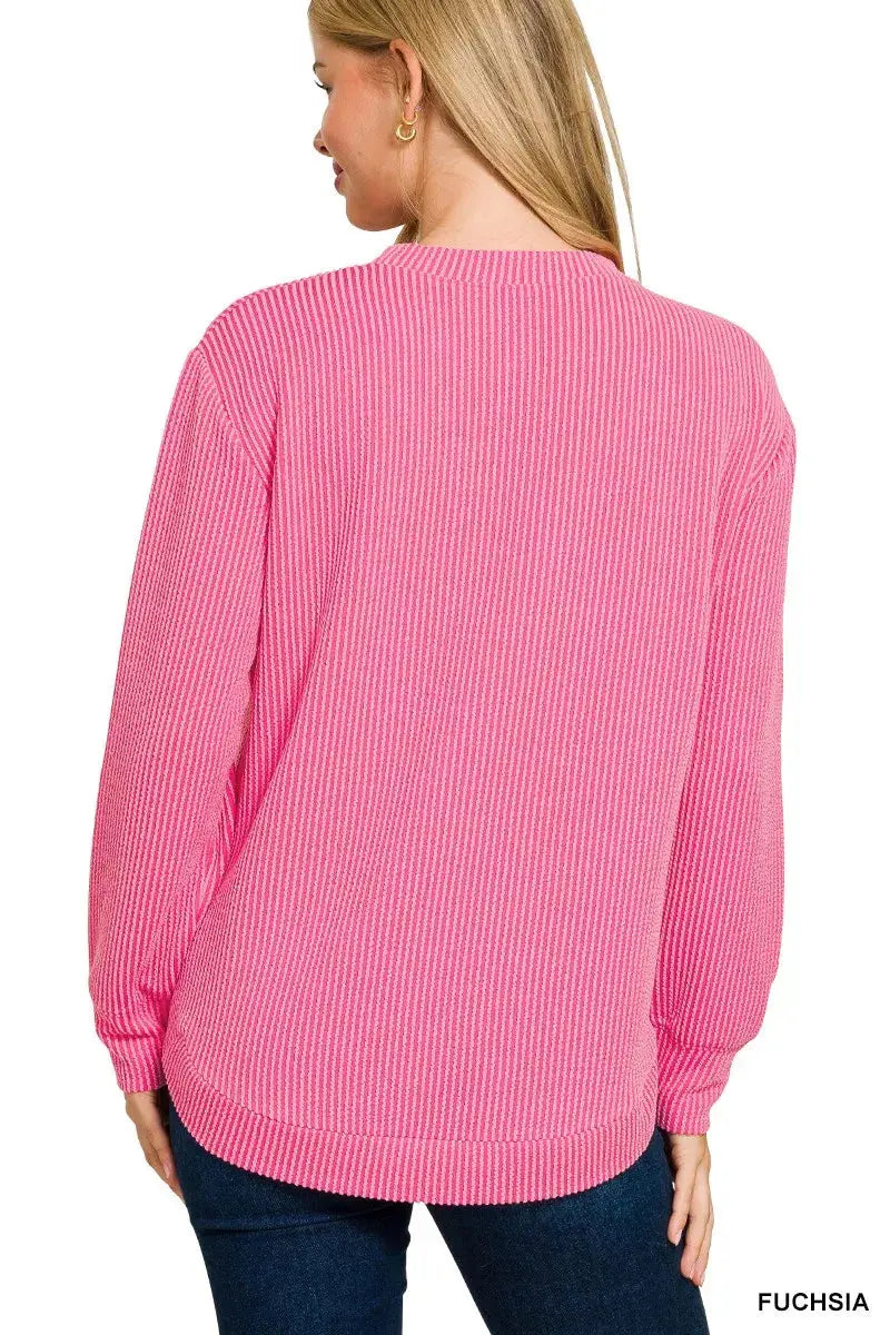 Zenana Plus Size Raised Rib Round Neck Long Sleeve Top