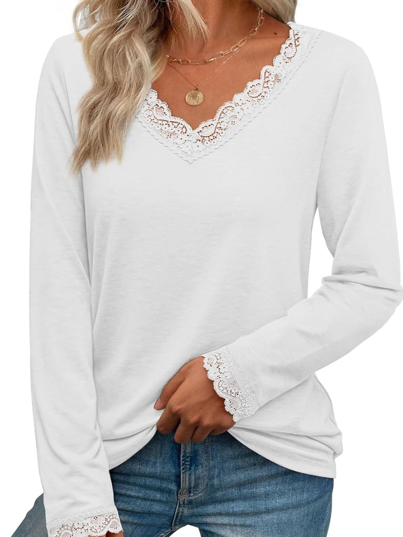 Women's Lace Trim V Neck Long Sleeve Top