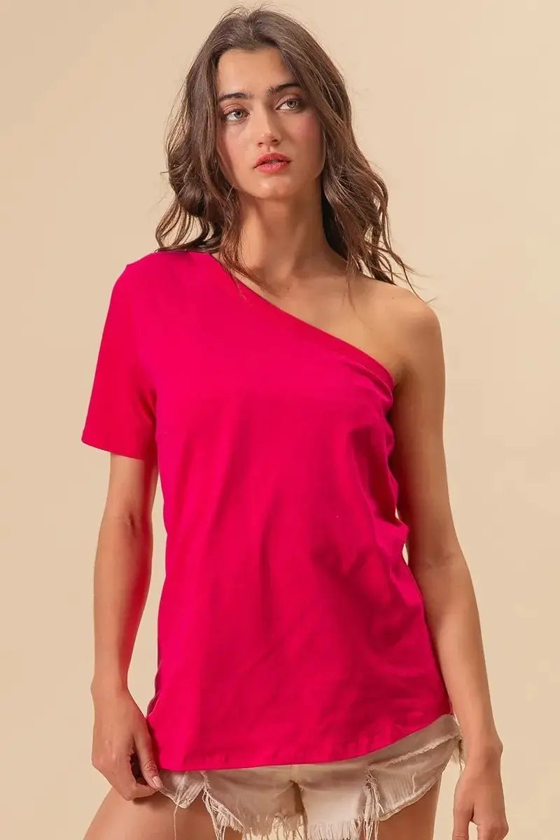 T-Shirts Trendsi BiBi Cotton Knit Top Women's Casual One Shoulder Tee USA Ship!