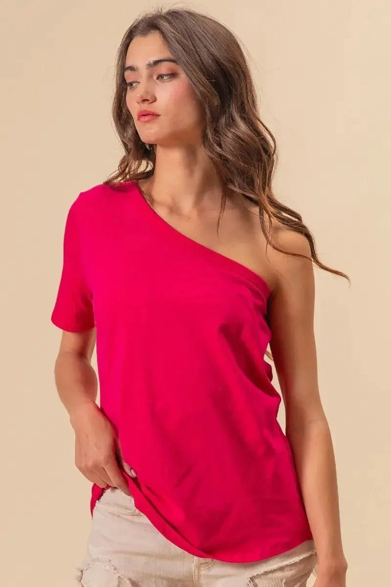 T-Shirts Trendsi BiBi Cotton Knit Top Women's Casual One Shoulder Tee USA Ship!