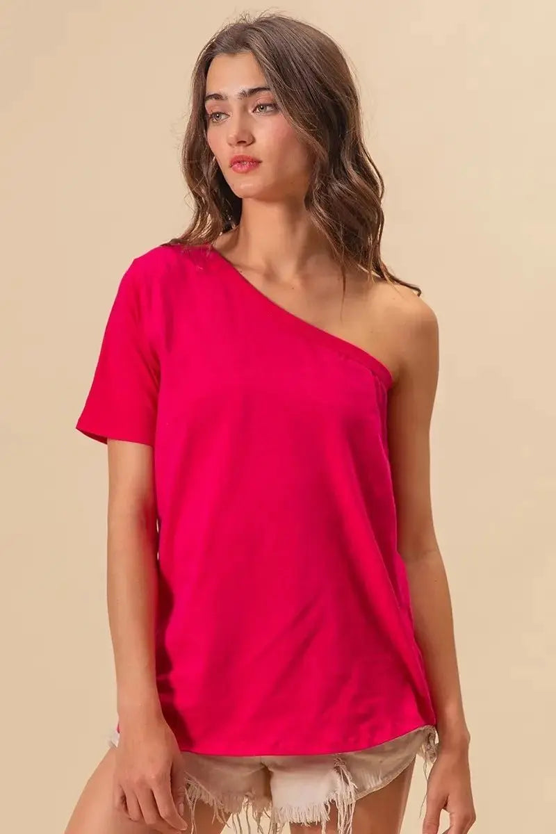 T-Shirts Trendsi BiBi Cotton Knit Top Women's Casual One Shoulder Tee USA Ship!