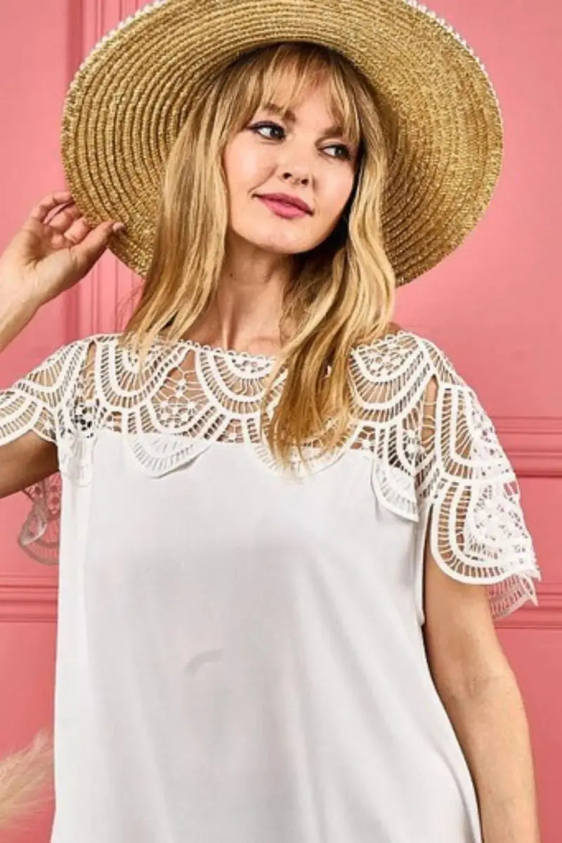 Women's Casual Blouse Women's Blouse - Crochet Lace Yoke - Casual Wrinkled Texture Top