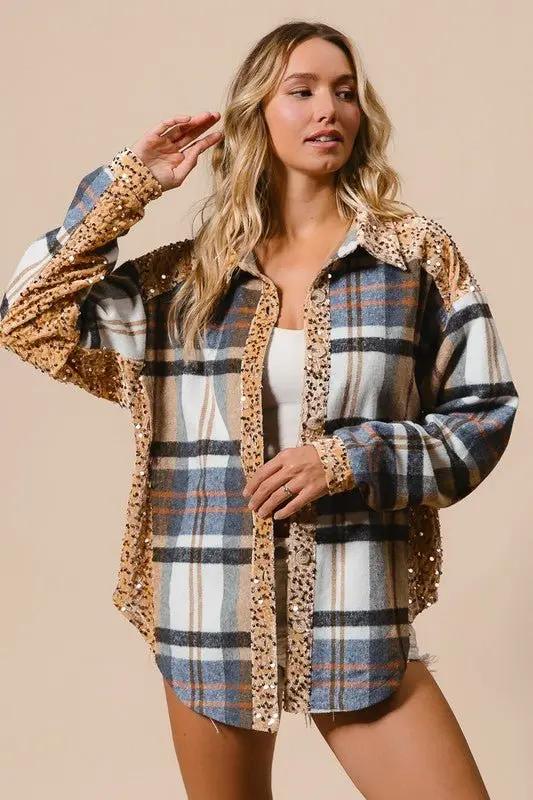 Shirts Trendsi Sequin Plaid Shacket Women's Casual Button Up Shirt - Curved Hem, Trendy