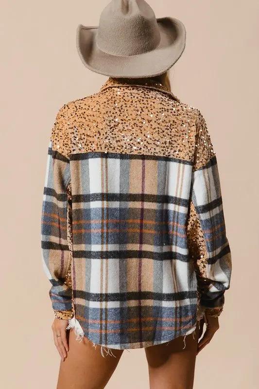Shirts Trendsi Sequin Plaid Shacket Women's Casual Button Up Shirt - Curved Hem, Trendy