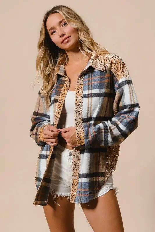 Shirts Trendsi Sequin Plaid Shacket Women's Casual Button Up Shirt - Curved Hem, Trendy
