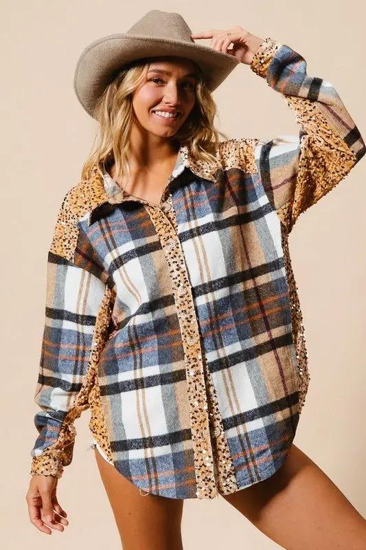 Shirts Trendsi Sequin Plaid Shacket Women's Casual Button Up Shirt - Curved Hem, Trendy