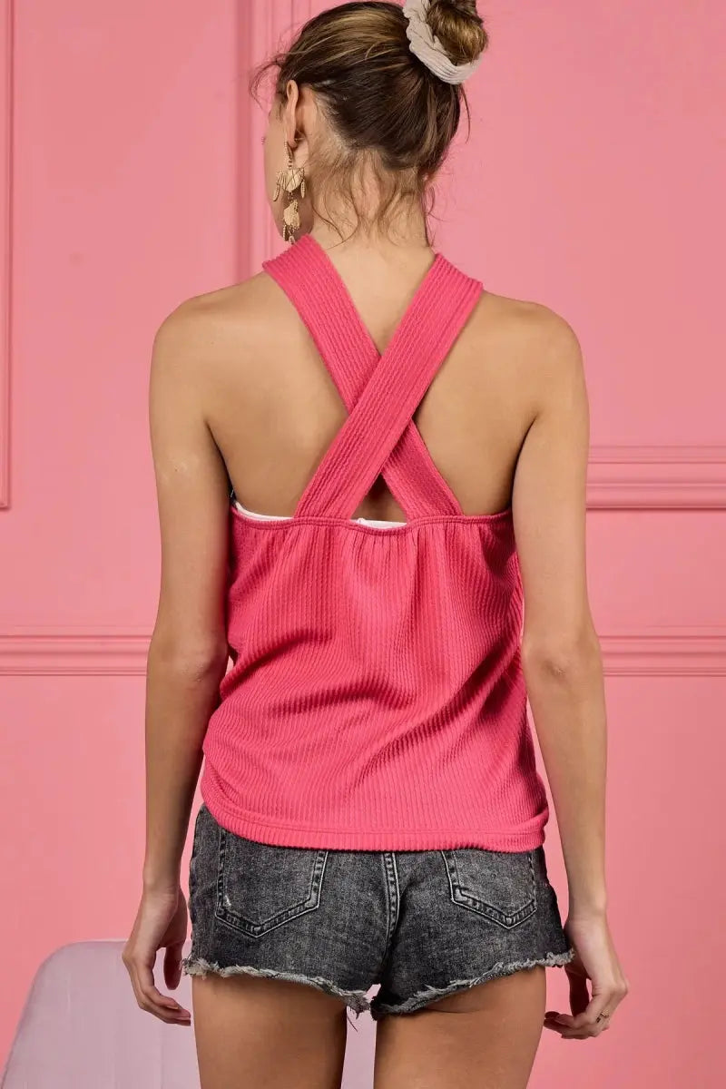 T-Shirts Trendsi Lace Knit Cut Out Top Women's Casual Tank Top - Cross Neck, Trendy