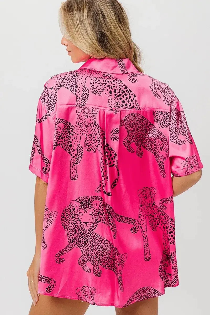 Accessories Trendsi Leopard Print Shirt Women's Casual Silky Satin Top - Short Sleeve, USA Ship