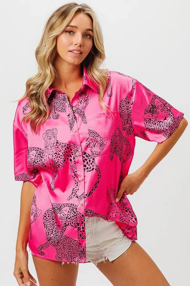 Accessories Trendsi Leopard Print Shirt Women's Casual Silky Satin Top - Short Sleeve, USA Ship