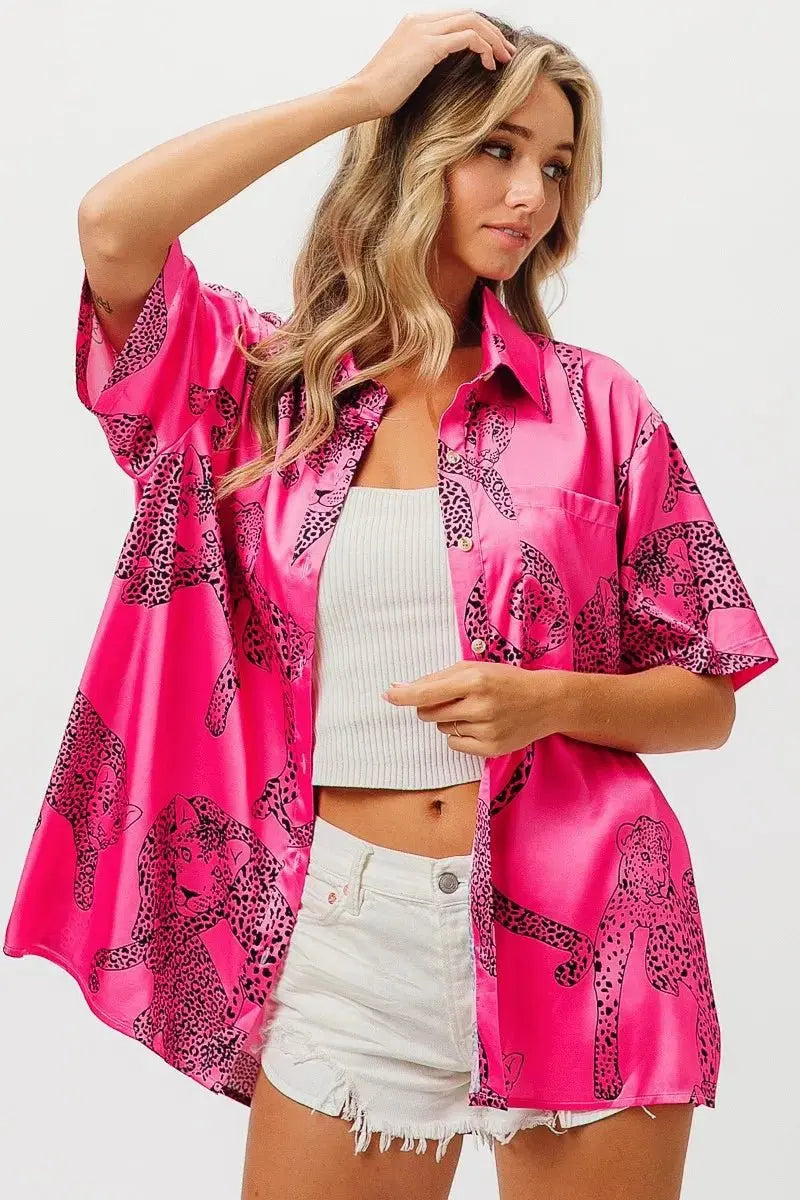 Accessories Trendsi Leopard Print Shirt Women's Casual Silky Satin Top - Short Sleeve, USA Ship