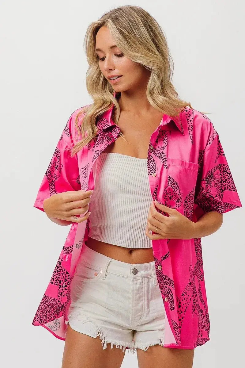 Accessories Trendsi Leopard Print Shirt Women's Casual Silky Satin Top - Short Sleeve, USA Ship