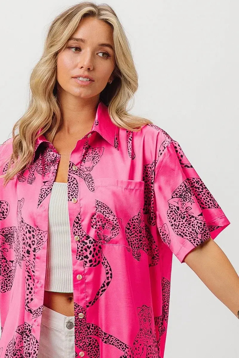 Accessories Trendsi Leopard Print Shirt Women's Casual Silky Satin Top - Short Sleeve, USA Ship