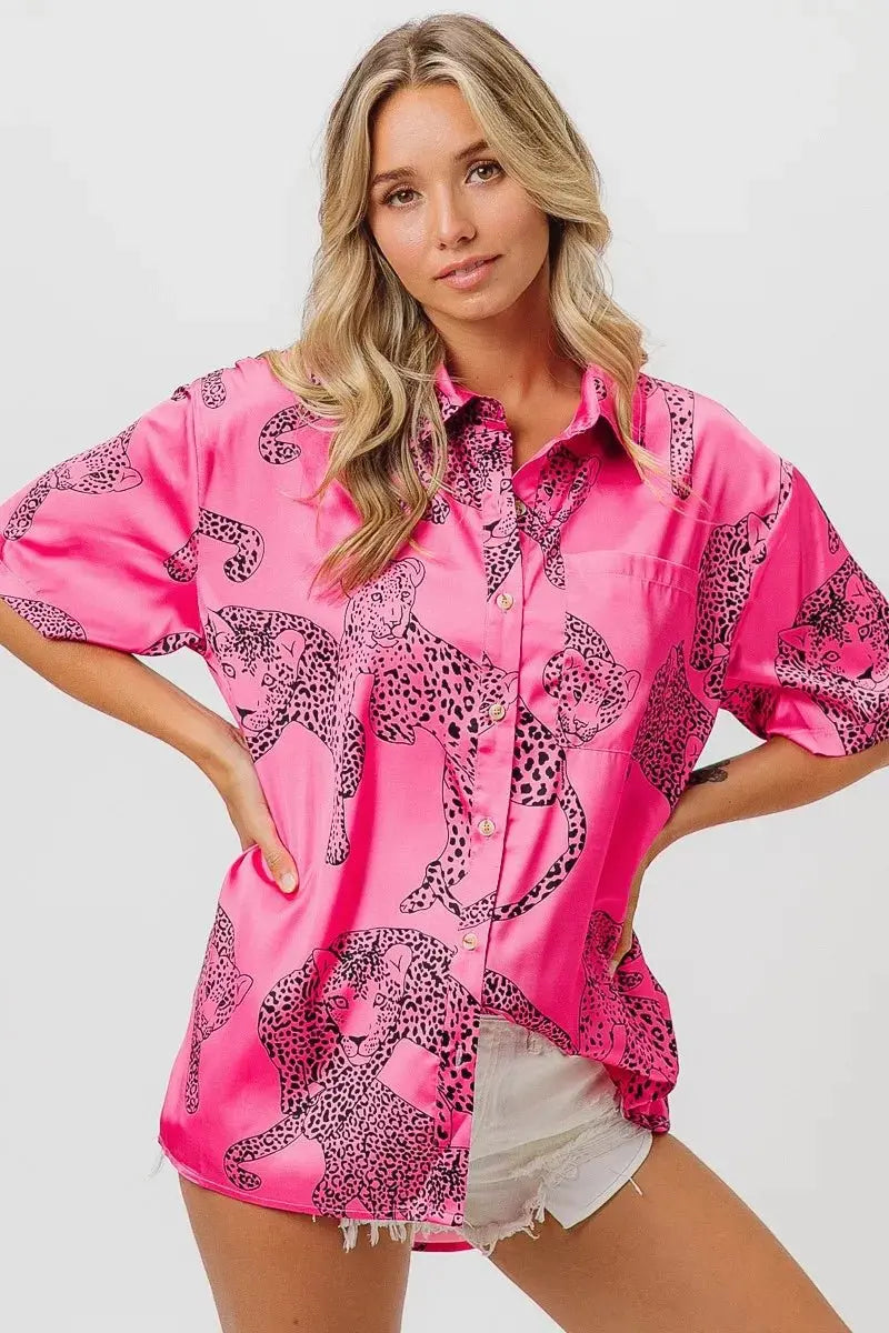 Accessories Trendsi Leopard Print Shirt Women's Casual Silky Satin Top - Short Sleeve, USA Ship