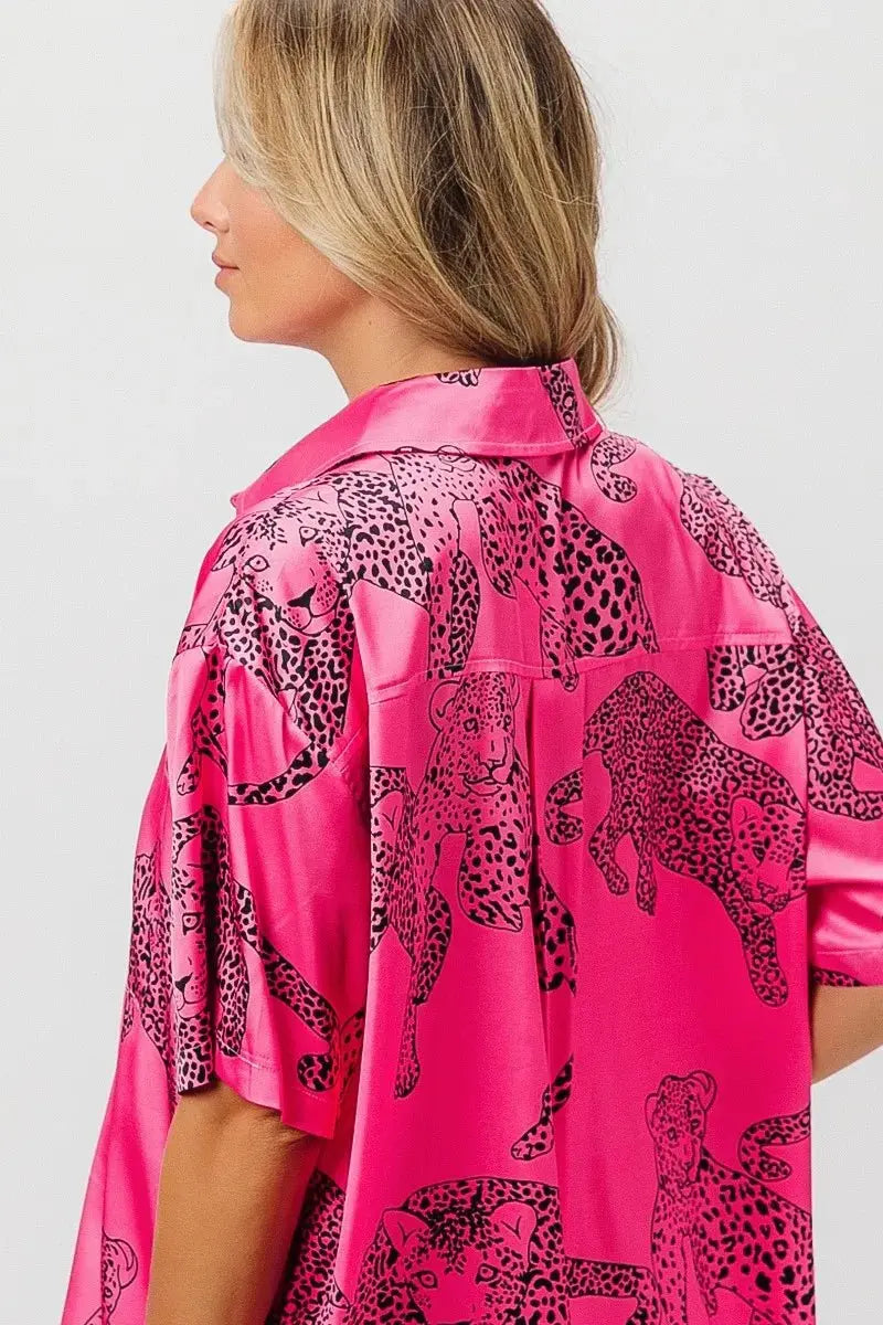 Accessories Trendsi Leopard Print Shirt Women's Casual Silky Satin Top - Short Sleeve, USA Ship