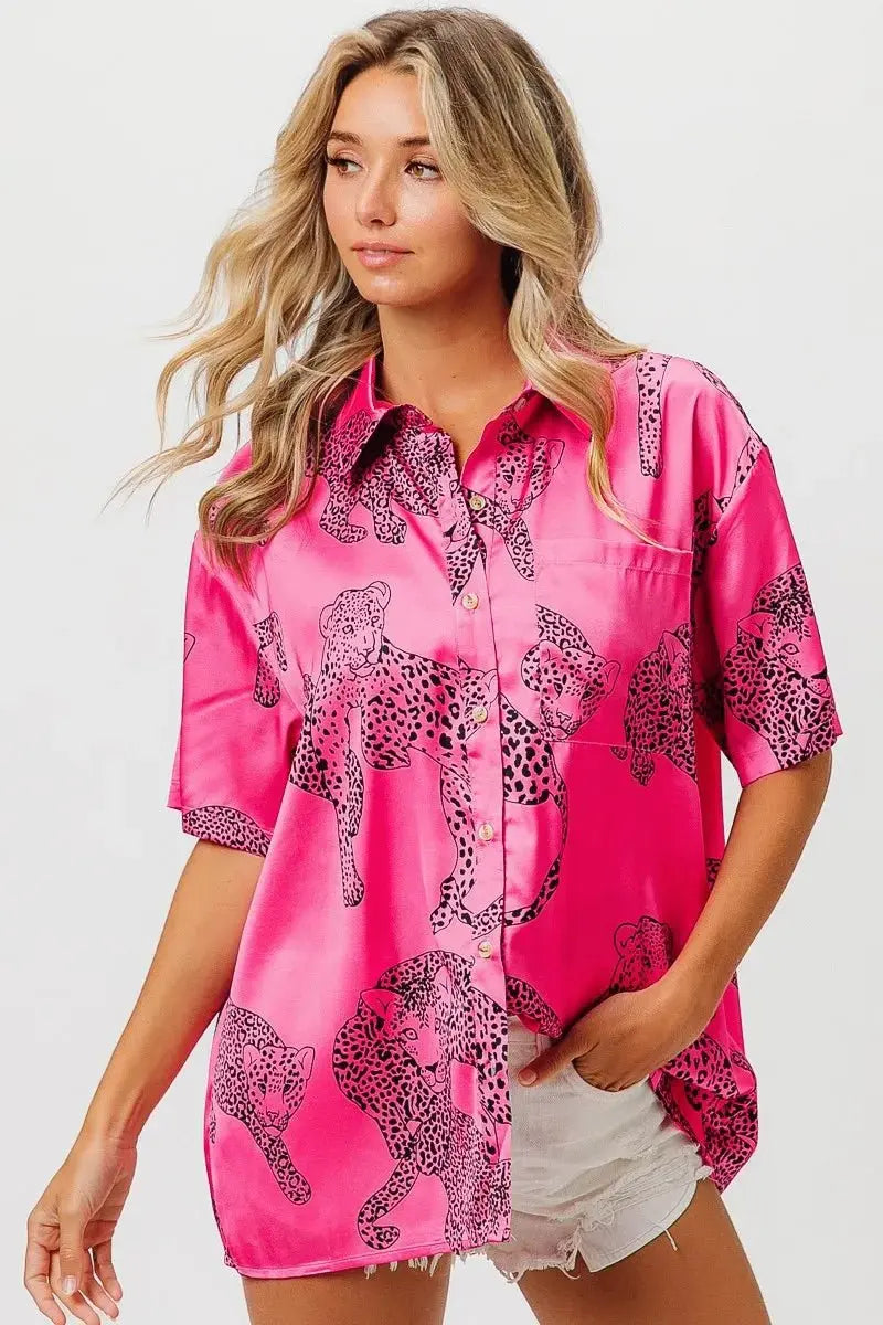 Accessories Trendsi Leopard Print Shirt Women's Casual Silky Satin Top - Short Sleeve, USA Ship