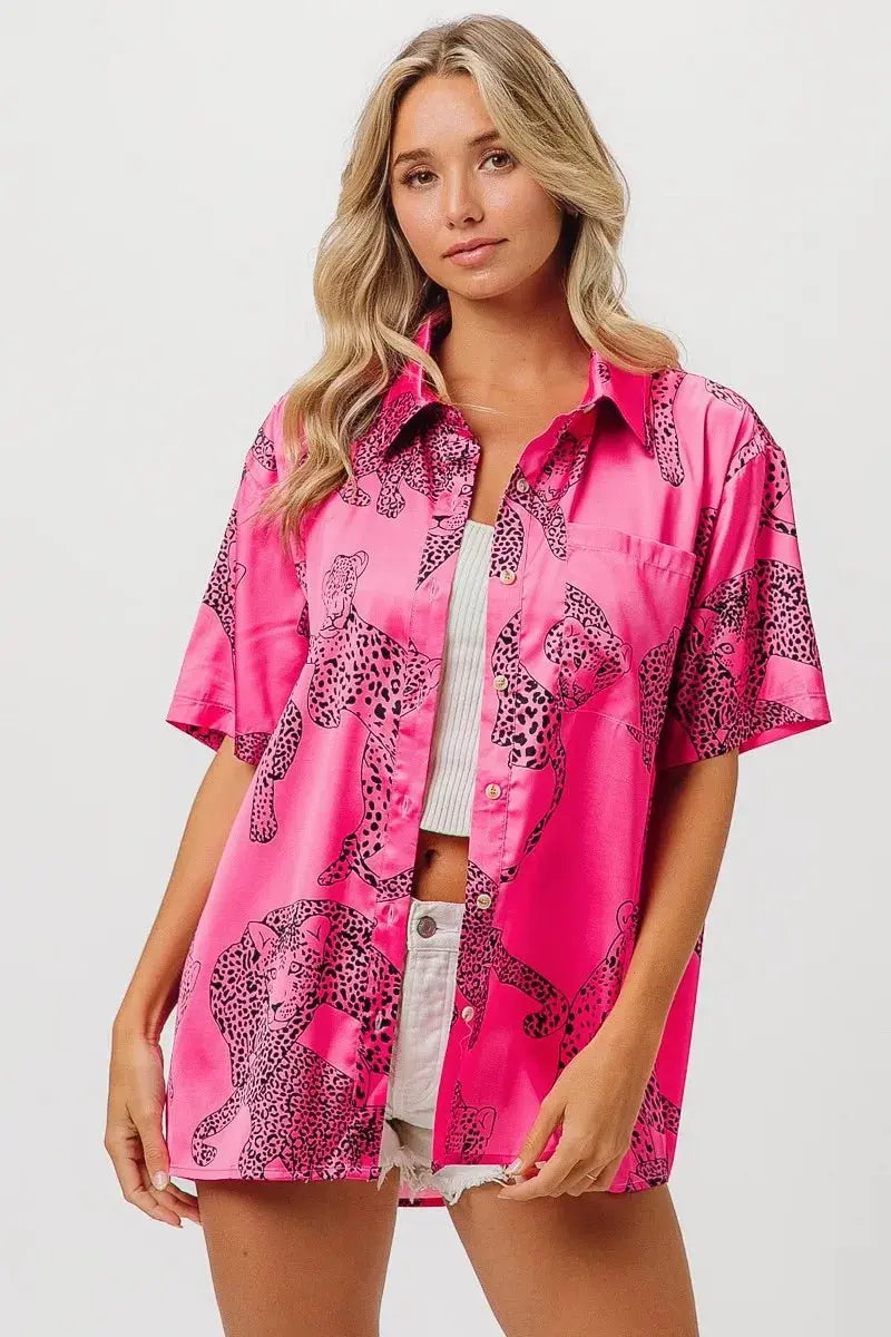 Accessories Trendsi Leopard Print Shirt Women's Casual Silky Satin Top - Short Sleeve, USA Ship